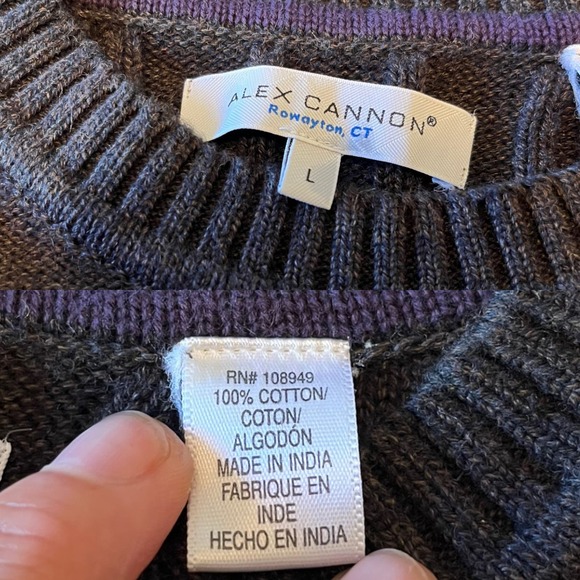 ALEX CANNON Brown Sweater Crew Neck Cotton Argyle Long Sleeve Pullover Large EUC - Picture 6 of 10
